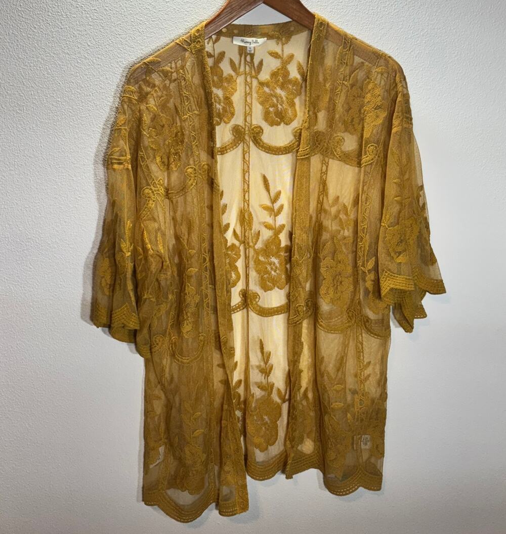 Honey Belle Mustard Embroidered Sheer Kimono Cardigan Women’s Size Small
